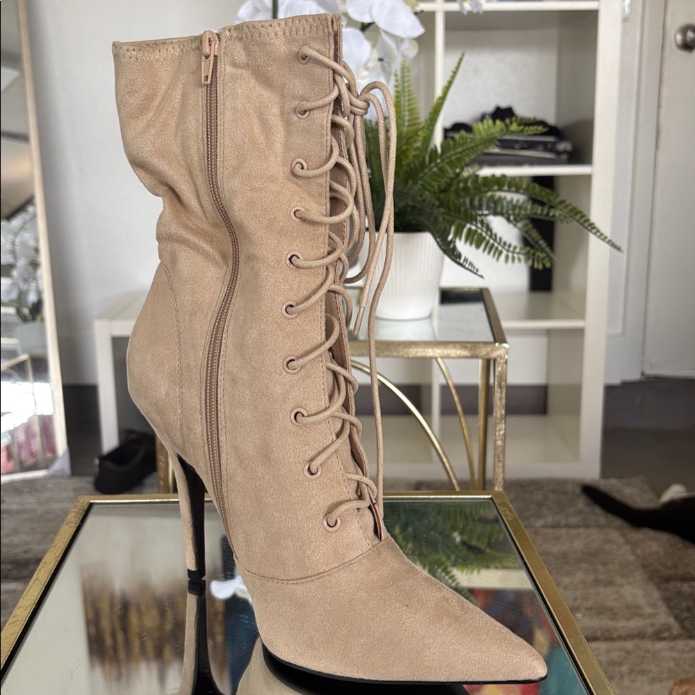 Tan Lace-Up Stiletto Boots